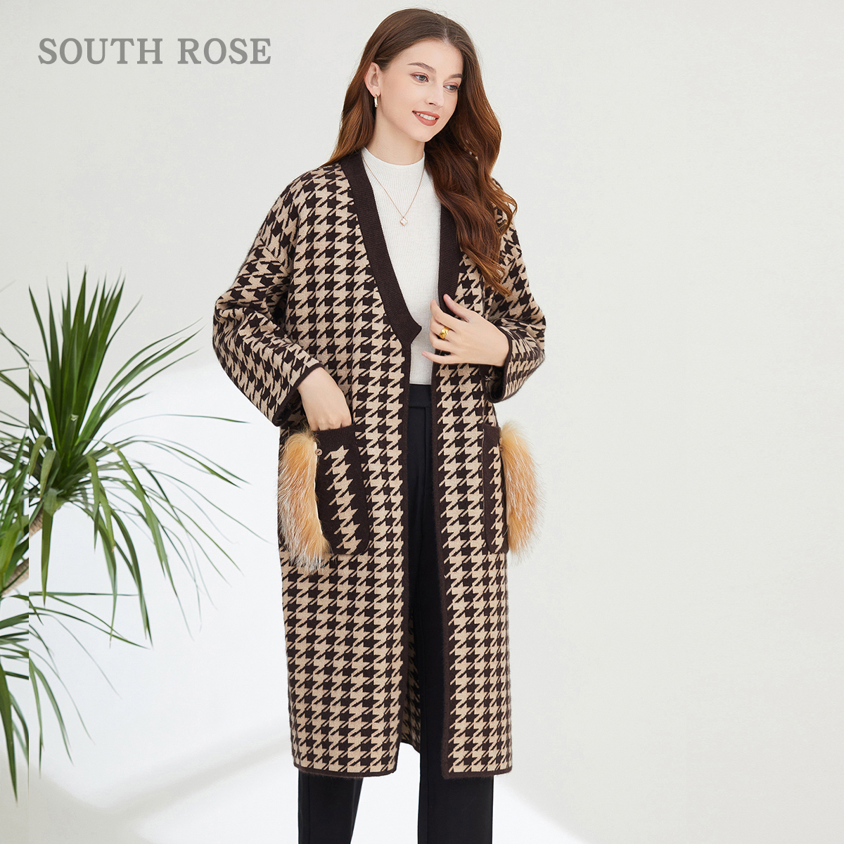 狐狸绒格纹针织外套中长款