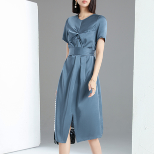 知性温柔连衣裙2025夏季不规则褶皱法式高级感通勤中长裙收腰显瘦