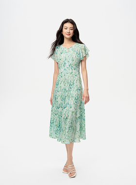 珂莱商场同款25夏新绝美度假风印花收腰优雅百褶连衣裙 KF12698I1