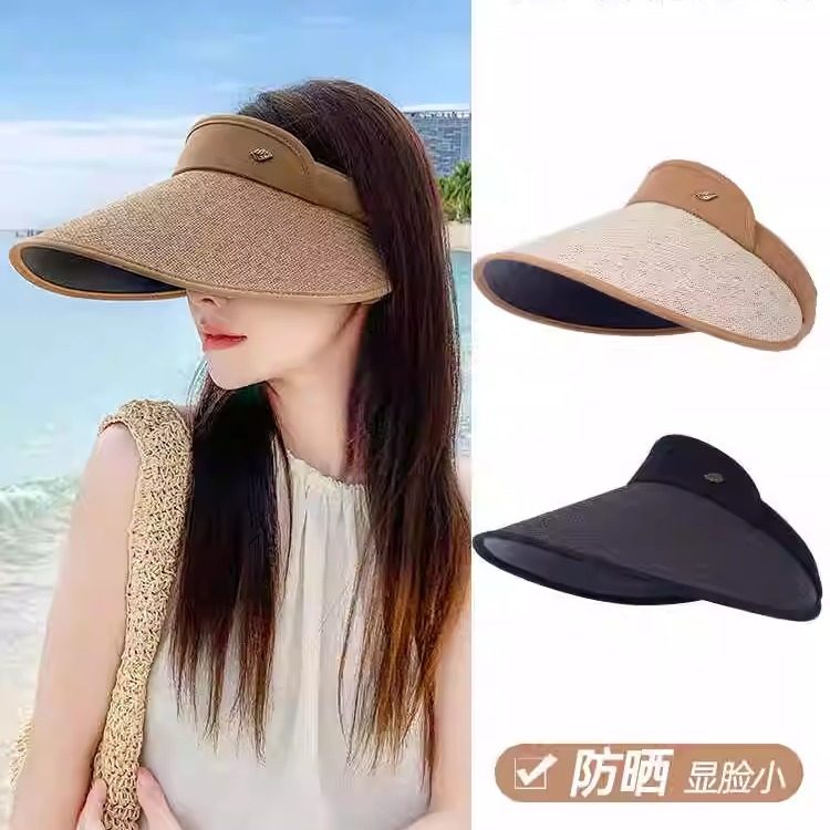 空顶uv防晒帽子女草编防紫外线户外骑车沙滩遮阳帽大檐遮脸太阳帽