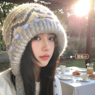 费尔岛复古针织包头帽子女款2025新款冬显脸小保暖防寒护耳毛线帽