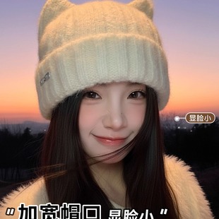 韩系可爱猫耳朵帽子针织帽冬帽女保暖防寒护耳毛线帽大头围显脸小