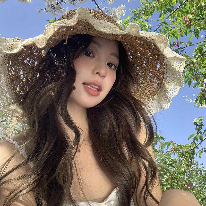 蕾丝花边蝴蝶结草帽镂空草编度假