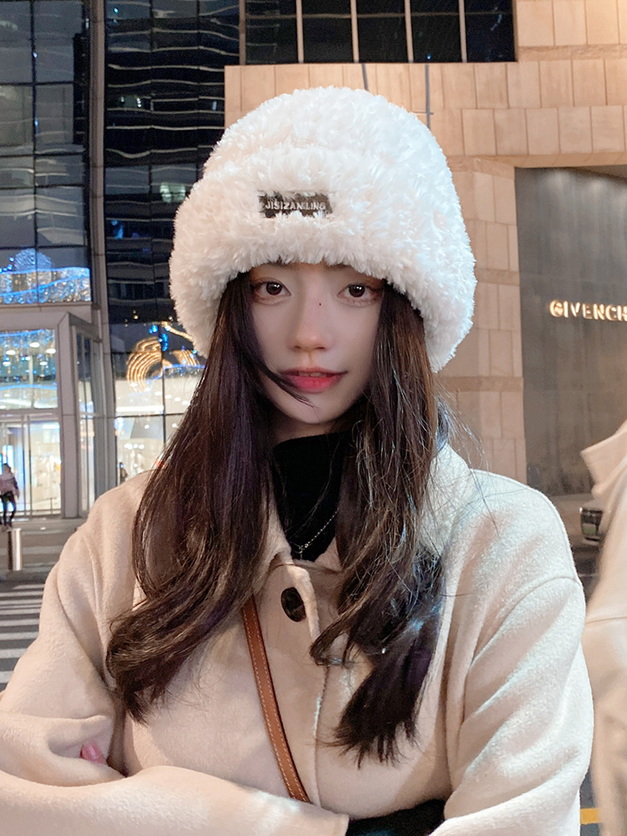 毛线帽子秋冬季女款百搭针织包头显脸小保暖白色毛绒茸冷帽大头围