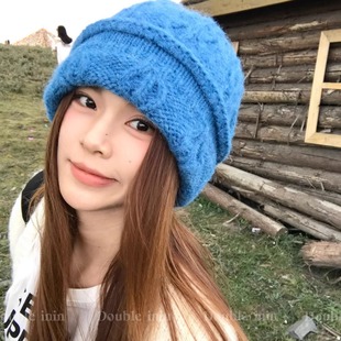 蓝色绞花针织毛线帽女秋冬显脸小保暖冷帽大头围韩系加厚包头帽子