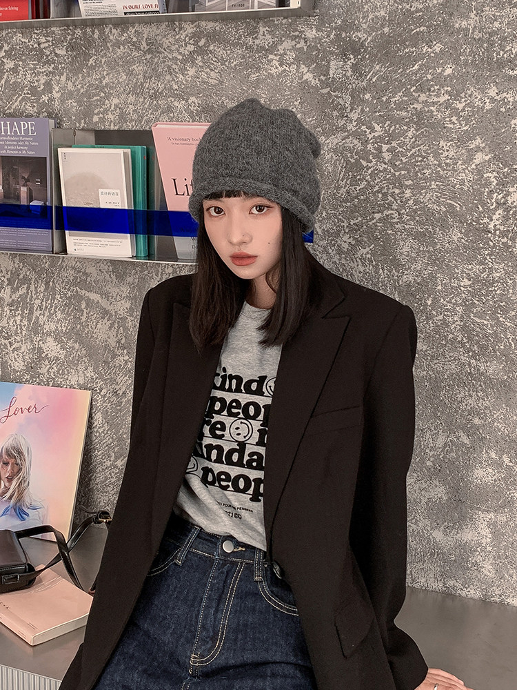 羊驼毛百搭黑色堆堆大头针织帽子