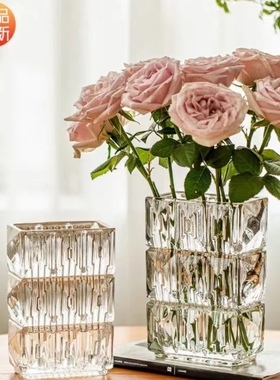 轻奢方形透明玻璃花瓶高颜值创意水培花器ins风插花摆件装饰品