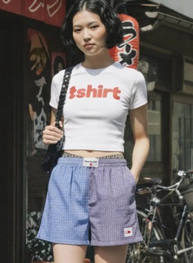 Ferment 25SS美式叠穿阿罗裤女叠穿拼接格纹三分裤居家短裤女棉