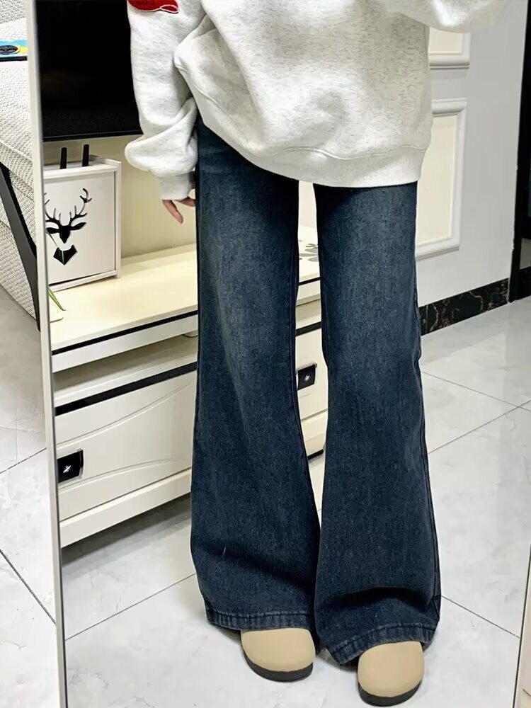 复古蓝微喇牛仔裤女2025春季新款高腰修身加绒垂感喇叭裤
