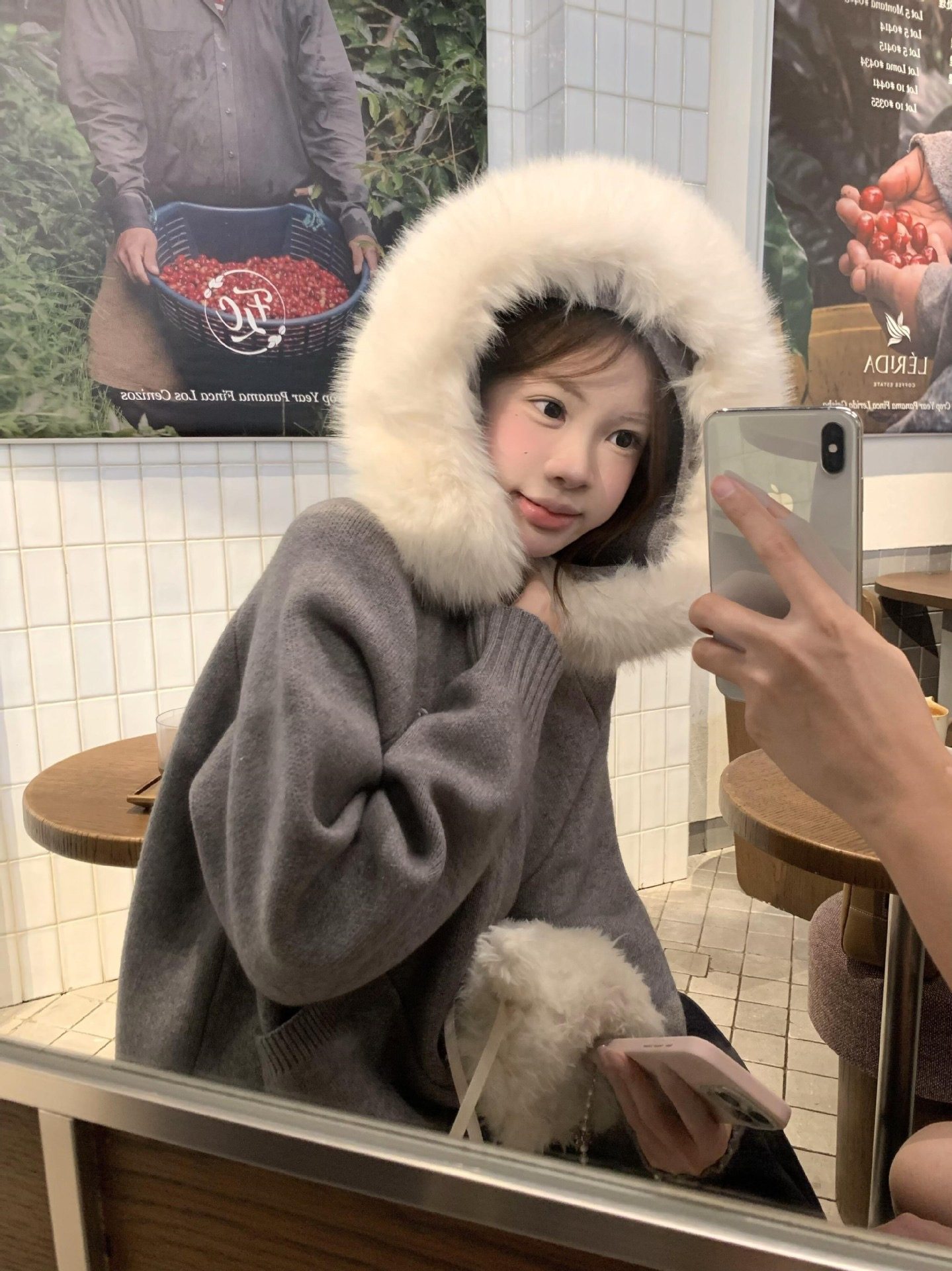 韩系连帽毛领羊毛呢子大衣女冬季卫衣宽松慵懒外套微喇牛仔裤套装