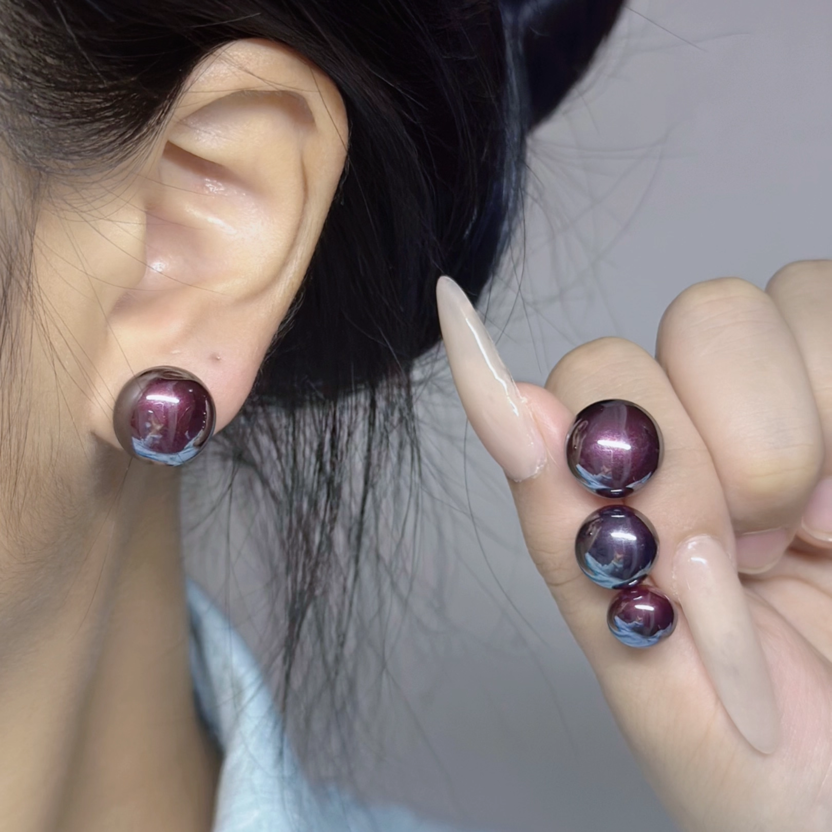 紫红色秋冬复古馒头珍珠耳环