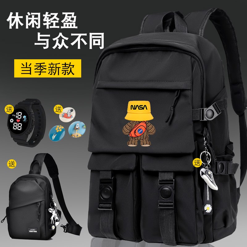 新款帽子熊时尚背包书包男女双肩包学生休闲初中高中卡通百搭校园 - 实物图