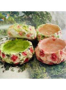 瓷蓓手捏造景花碗陶瓷高温釉下绣球花小碟收纳小花盆乔迁新居礼物