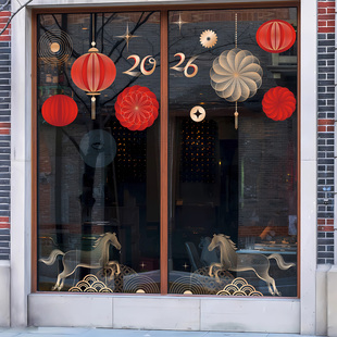 2026新年中国风新国超玻璃门橱窗装饰静电贴纸灯笼春节日布置窗花