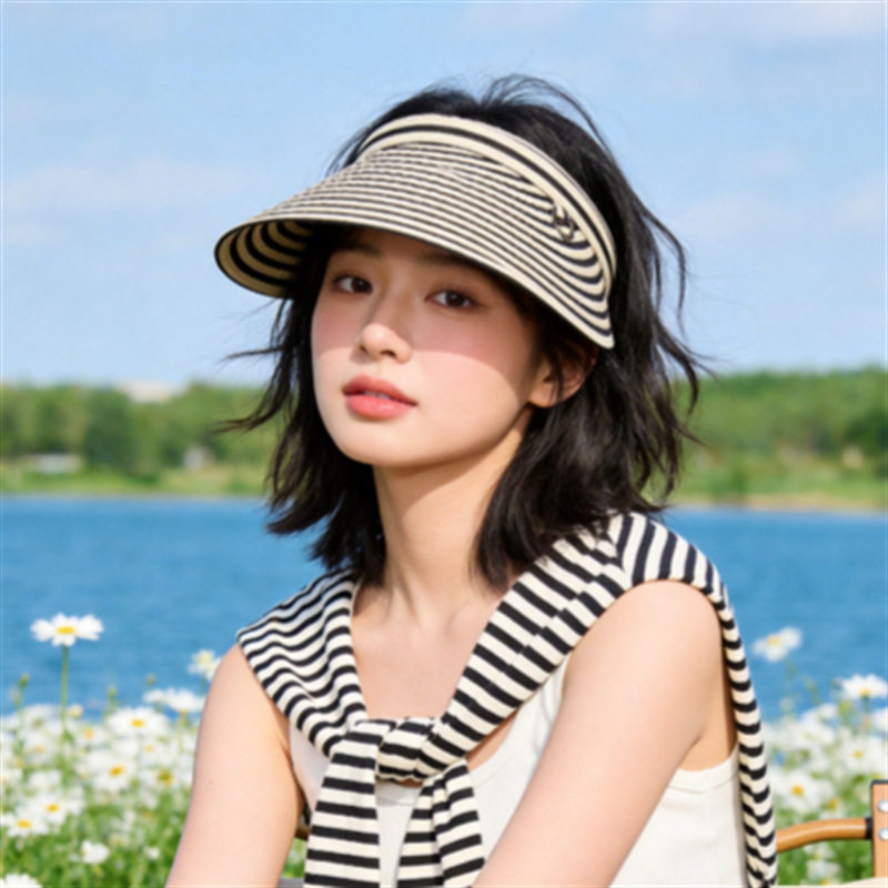 新款帽子女夏季条纹发夹空顶帽宽
