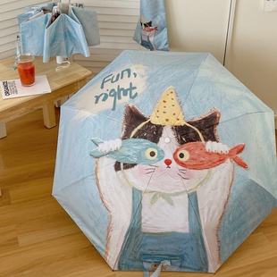 卡通油画小猫咪晴雨伞两用黑胶遮阳伞防晒防紫外线太阳伞便携折叠