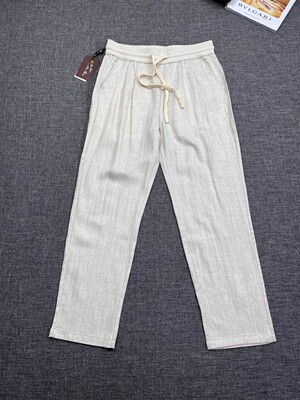 意式LP老钱风欧美轻奢男装25夏季亚麻天丝松紧腰系绳直筒休闲裤