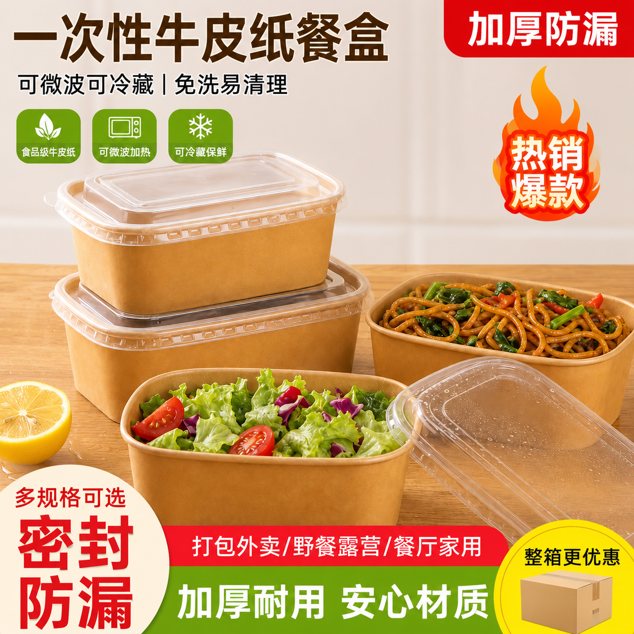 一次性餐盒牛皮纸长方形外卖快餐打包盒野餐饭盒环保便当水果盒