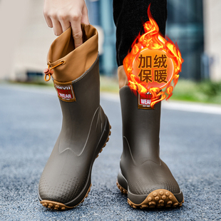 加绒保暖雨鞋男中筒防水防滑劳保胶鞋户外徒步雨靴棉套鞋雪地鞋女