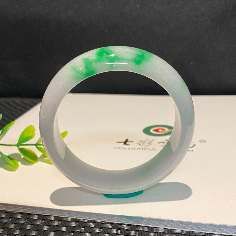 七彩云南缅甸A货天然翡翠带证书白底青翡翠手镯一物一证支持复检