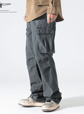 2025新款纯棉多口袋工装裤男士机能阔腿裤美式高街重工水洗长裤子