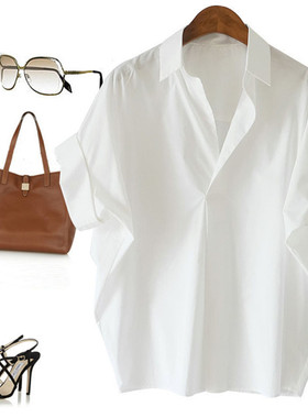 品牌折扣清仓专柜撤柜敲好看棉质白色宽松蝙蝠袖V领衬衫衬衣女024