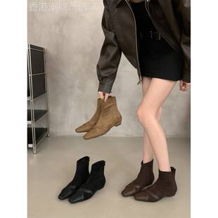 香港覆古韩版粗跟瘦瘦短靴女秋冬2025新款时尚方头低跟弹力小踝靴