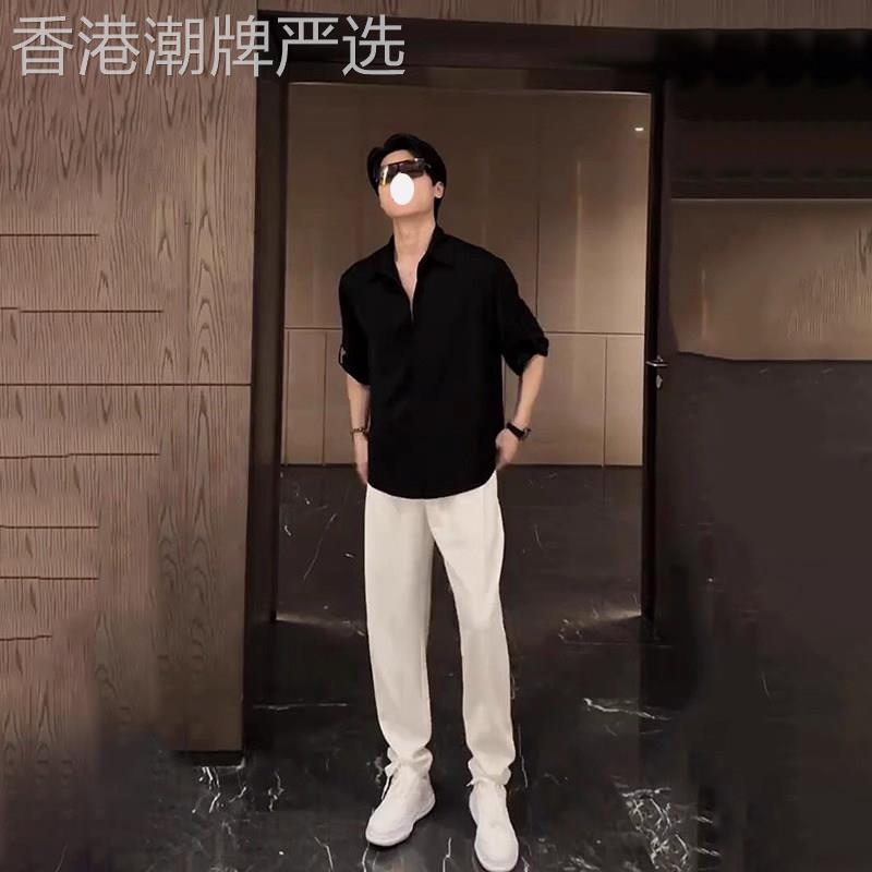 高端高级感男装休闲套装夏季冰丝垂感短袖衬衫穿搭一套七分袖衬衣