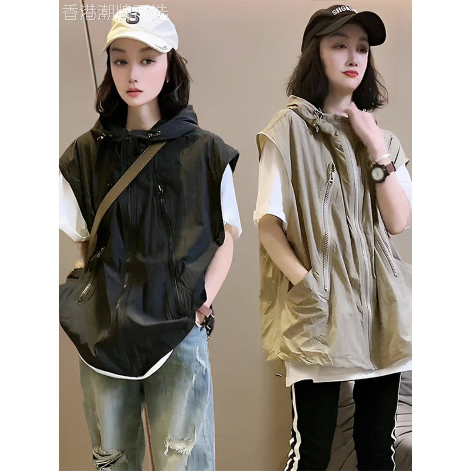 连帽工装马甲女春秋欧货大码坎肩外搭透气运动服马夹防晒背心外套
