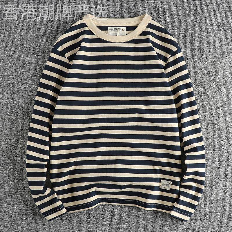代购香港潮男春秋撞色复古重磅海魂衫双纱条纹男士长袖T恤打底衫