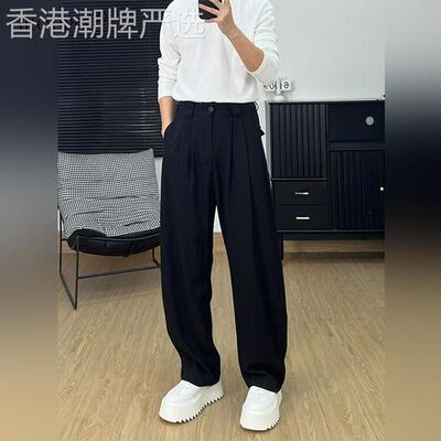 高端男士黑色褶皱设计弯刀阔腿裤2026春季薄款冰丝垂感休闲西装裤