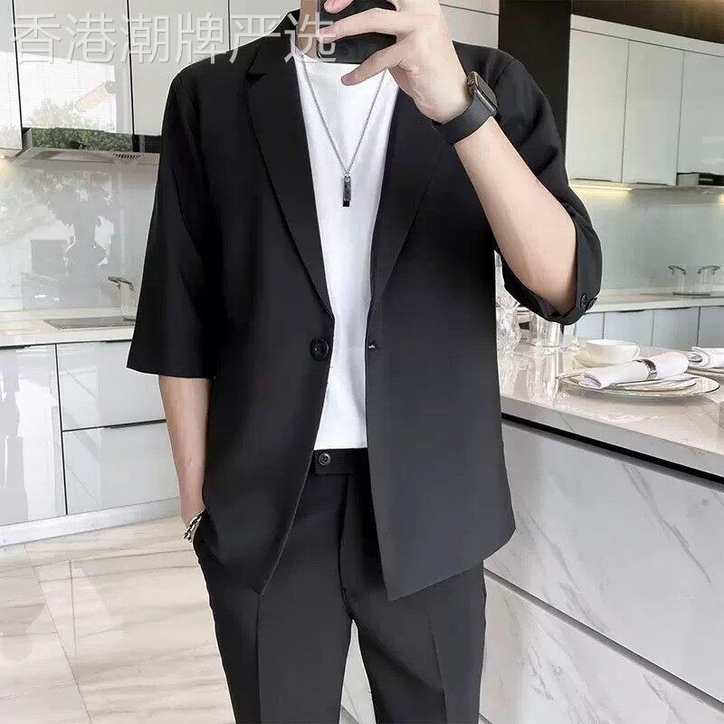 潮牌短袖小西装男春季休闲七分袖外套韩版半袖中袖西服套装一整套