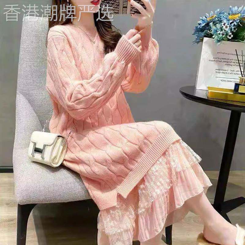 蕾丝过膝针织毛衣裙女士秋冬欧货新款中长版宽松加厚配大衣打底裙