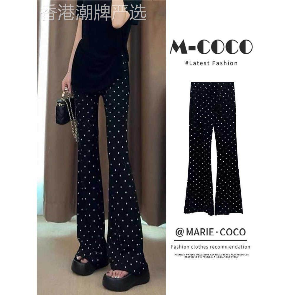 黑色波点微喇叭裤女士运动裤夏季小个子高腰修身马蹄西装休闲长裤