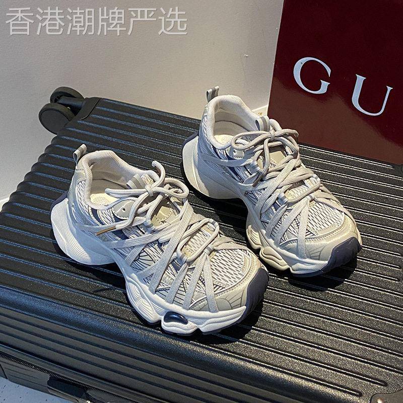 香港巴黎绑带厚底老爹鞋男女夏季透气网面运动鞋增高百搭情侣鞋子
