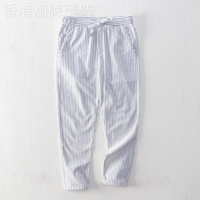 香港夏季薄款男裤九分裤潮竖条纹棉麻裤宽松直筒长裤系带休闲裤子