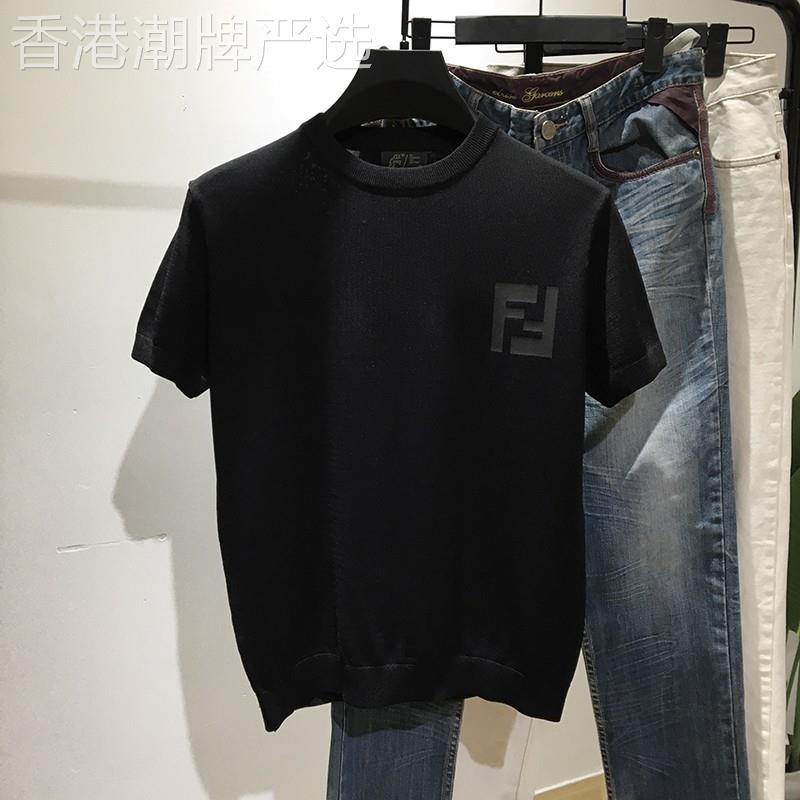 欧美高档短袖T恤男士春秋冰丝薄款透气修身针织半袖圆领印花上衣