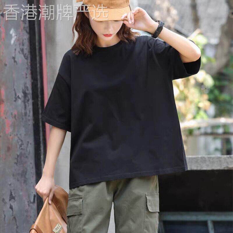 纯棉短袖t恤女夏季薄款2026新款宽松大码短款黑色打底体恤衫上衣