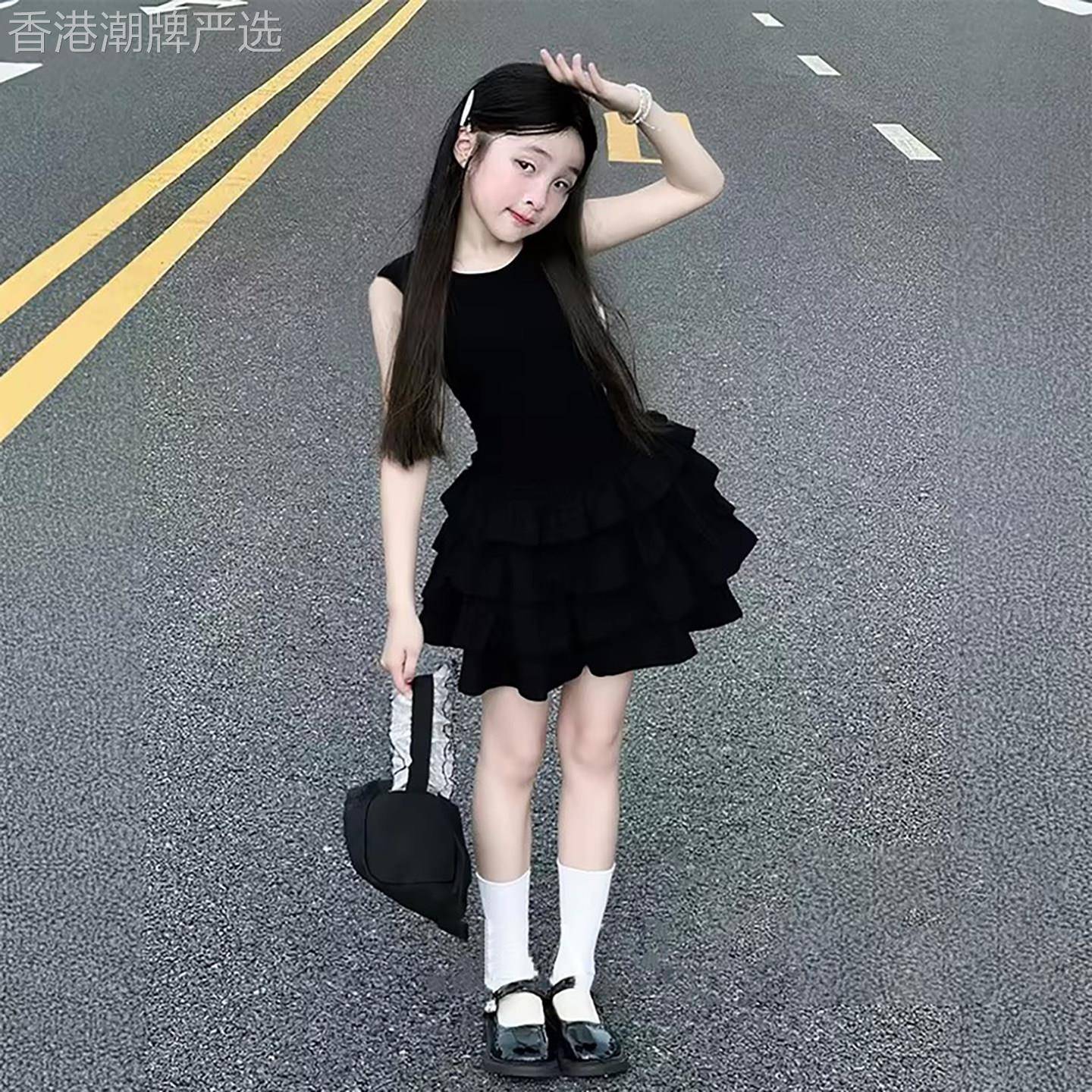 法国Uamtor女童裙子高级感夏韩系黑色连衣裙儿童女孩夏季2026新款