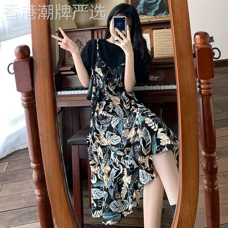 胖mm拼接假两件洋装大尺码夏季韩版宽松显瘦遮肚子雪纺温柔风长裙