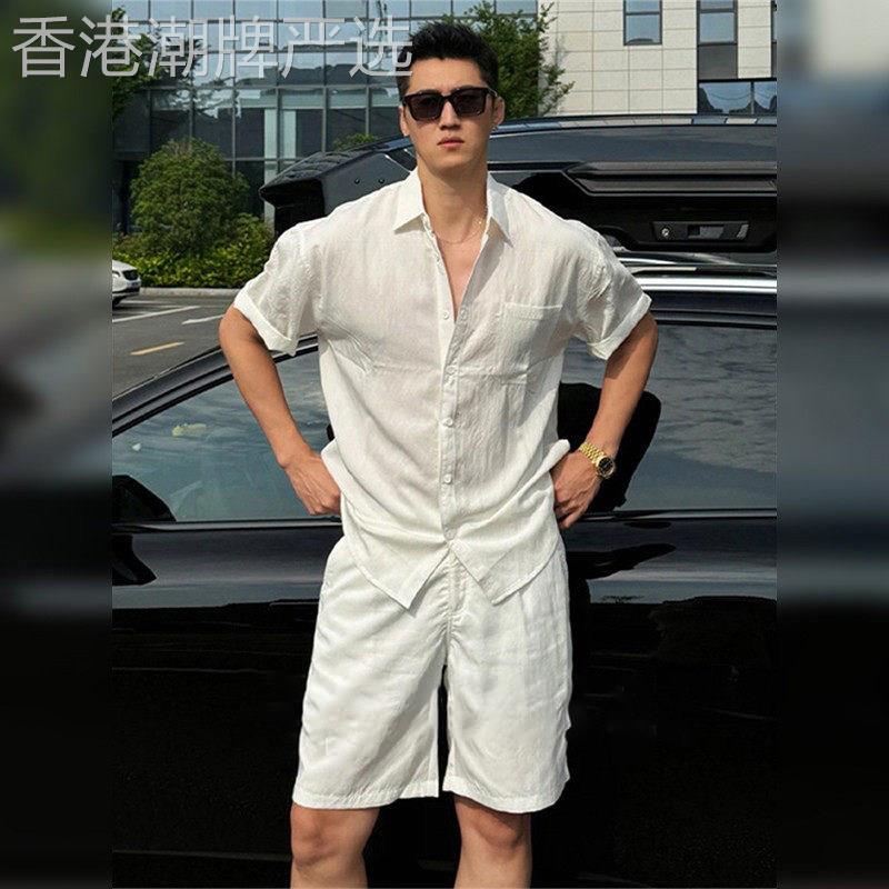 高端雅痞风天丝亚麻衬衫男士2026夏季松弛感轻薄防晒衬衫短裤一套