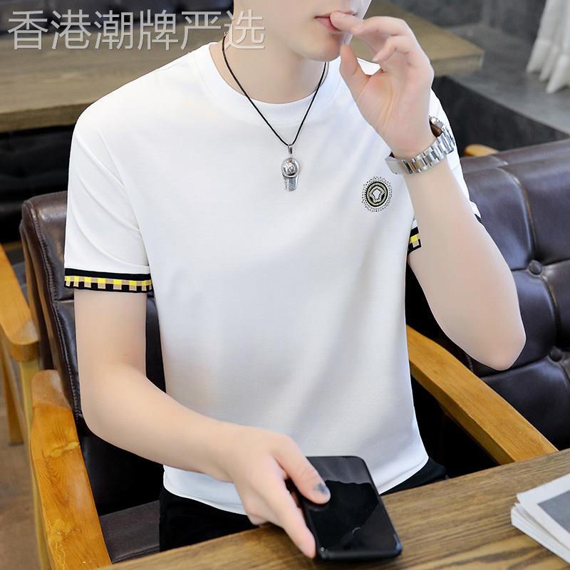 高端白色短袖T恤男夏季薄款纯棉修身品牌男士烫钻圆领休闲半袖潮
