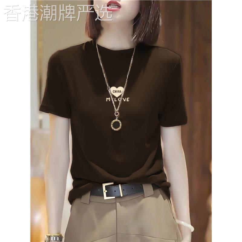 2026夏季薄款纯棉正肩圆领常规短袖T恤女休闲显白上衣体恤咖啡色