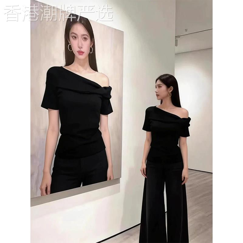 黑色斜肩短袖T恤女夏季欧货韩系纯欲设计感扭结显瘦气质露肩上衣
