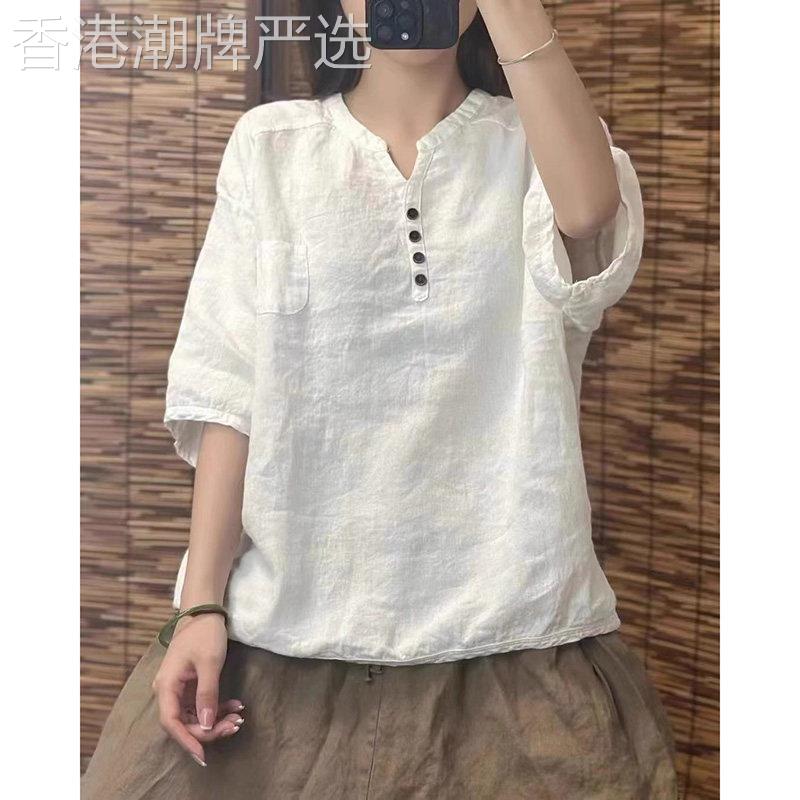白色亚麻衬衫女春夏2026新款小众设计感文艺复古显瘦宽松短袖上衣