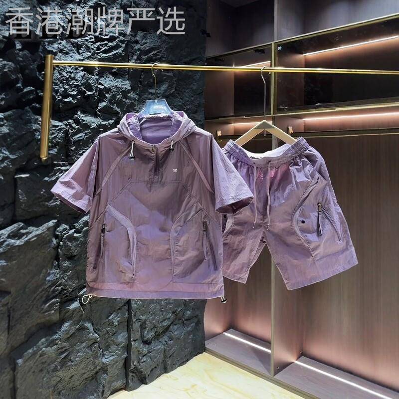 高端工装休闲套装男款夏季2026年新款速干纯色短袖短裤男士两件套