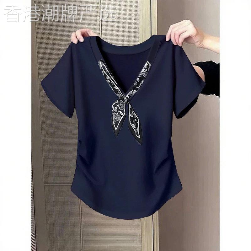 正肩丝巾V领短袖t恤女士夏季薄款2026新款宽松显瘦设计感减龄上衣