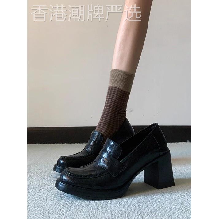 香港厚底粗跟防滑圆头高跟乐福鞋百搭黑色简约一脚蹬通勤小皮鞋潮