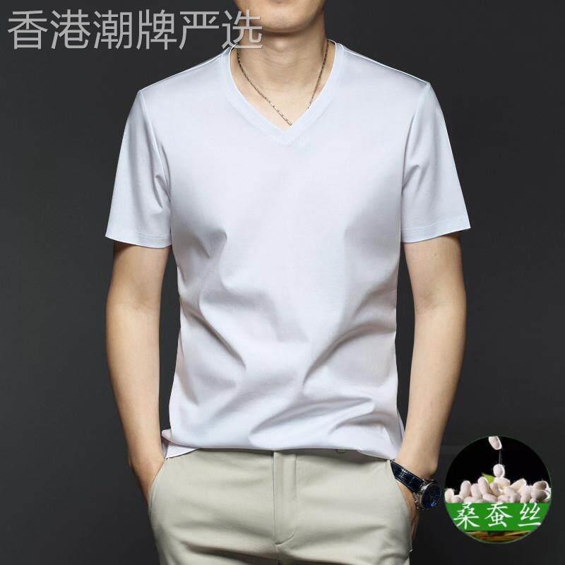 高端桑蚕丝V领夏季短袖T恤男薄青年高端透气冰氧吧凉感白色冰感