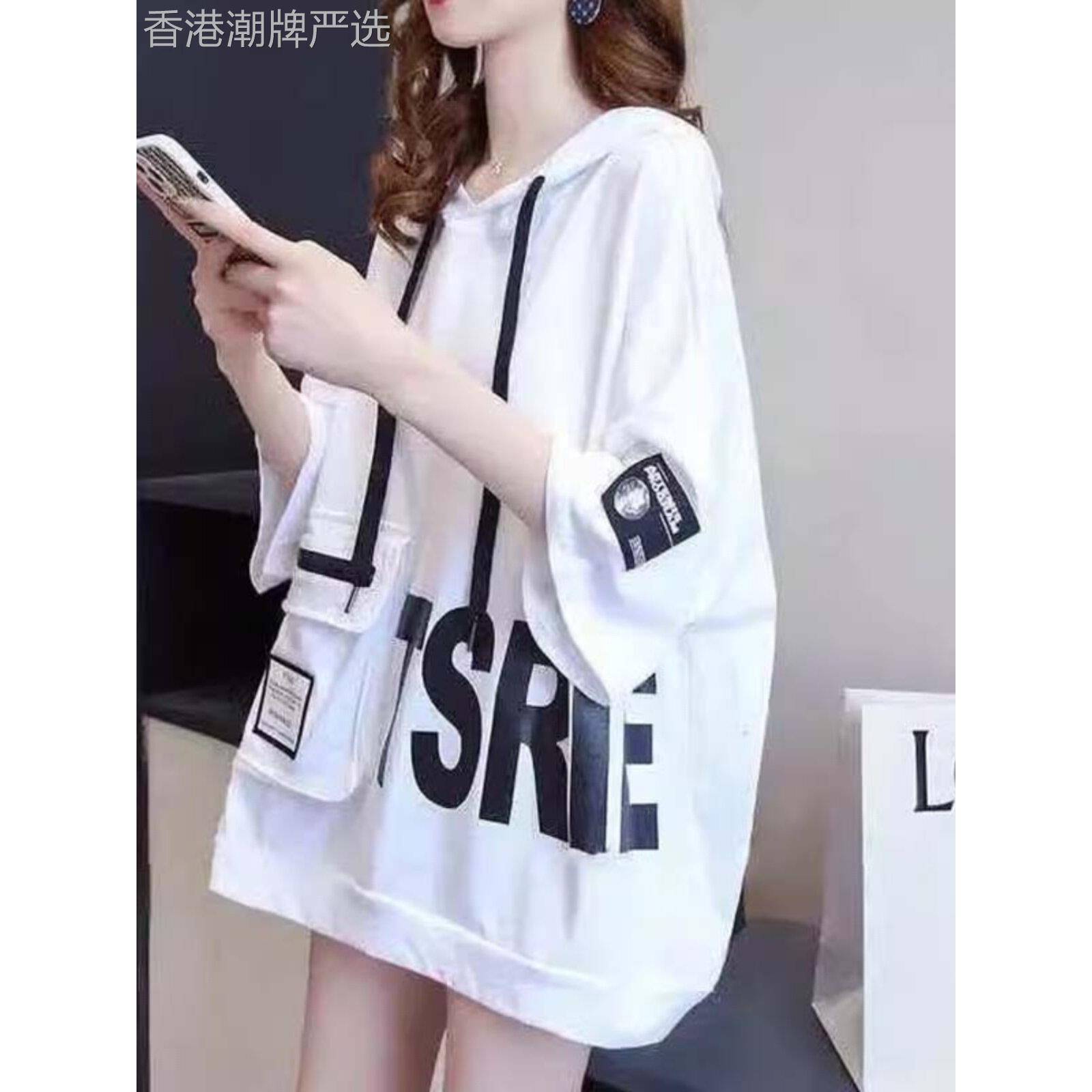 妇女连帽短袖运动衫夏季欧洲半袖t恤大版本覆盖屁股连帽衫大皮瓣